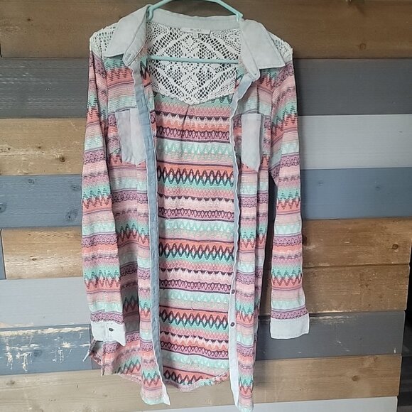 Miss Me Pastel Tribal Cardigan Tunic Top Western Ikat Lace Button Up‎ Shirt Med - Picture 1 of 6